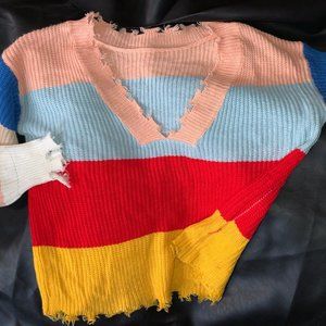 Multicolor distressed pullover sweater